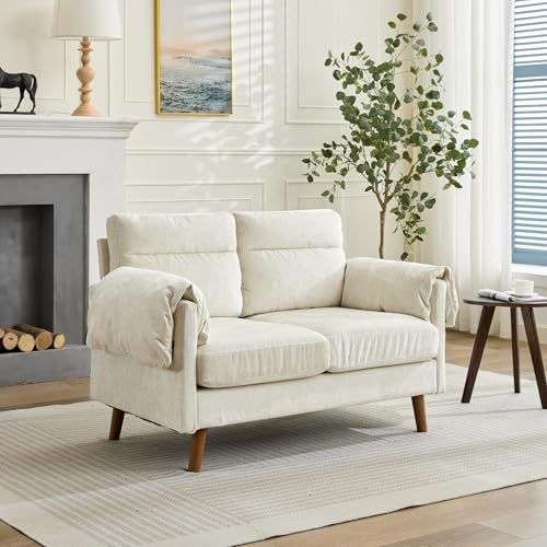 Soffa 2-sitsig liten, 124 x 70 x 85 cm, medeltida stil soffa, 2-sitsig med 2 kastkuddar, chenille-soffa med armstöd, tygsoffa med ergonomisk design, för kontor, vardagsrum, sovrum, beige