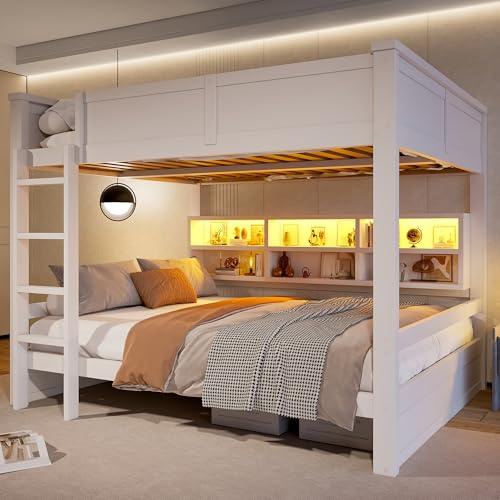 LPdorbe Lit superposé 160x200 avec rangements intégrés et éclairage LED tête de lit–Mezzanine 2 Places en Bois pour Adulte,Chambre étudiante ou Petite Surface,Blanc