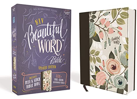 Niv, Beautiful Word Bible, Updated Edition, Peel/Stick Bible Tabs, Cloth Over Board, Multi-Color Floral, Red Letter, Comfort Print: 600+ Full-Color Illustrated Verses