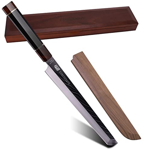 FINDKING Prestige Series Sakimaru Knife, 10.5 Inch Japanese SKD11 Damascus Sashimi Sushi Knife with Walnut Saya Cover, Ebony Octagonal Handle & Wooden Gift Box