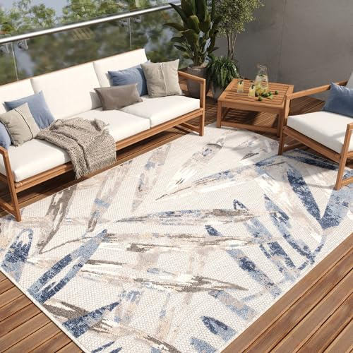 TAPISO Patio Teppich Indoor Outdoor Grau Blau Creme Blätter Sisal Optik Strapazierfähig Flachgewebe Terrasse Wohnzimmer Balkon ÖKO-TEX 200 x 300 cm
