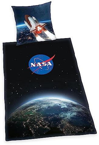Herding NASA Bettwäsche-Set, Kopfkissenbezug 80 x 80 cm, Bettbezug 135 x 200 cm, Mit leichtläufigem Reißverschluss, 100% Baumwolle/Renforcé, Schwarz