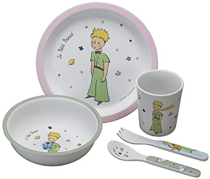 PETIT JOUR - Coffret Cadeau 5 Pièces Pour Enfant 6Mois+ - Mélamine - Sans BPA - Assiette 18cm, Timbale 160ml, Bol 250ml, Set De 2 Couverts 14cm - Lavable Au Lave-Vaisselle - Le Petit Prince - Rose