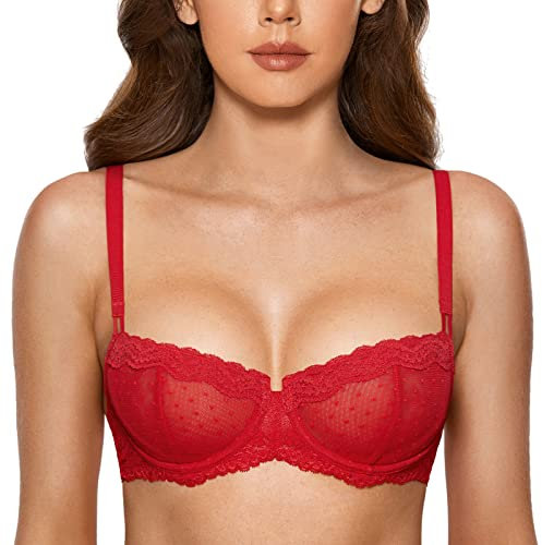 DOBREVA Women's Sexy Lace Balconette Bra Unlined Underwire Open Half Cup Bra See Through Sheer Balcony Bra Lipstick Red 36DD