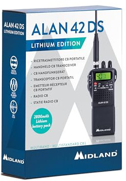 Midland - Radio CB Alan 42 DS Lithium, Ricetrasmittente Portatile AM/FM con Batteria Li-Ion 2800mAh per Durata Raddoppiata, Ricetrasmittenti Professionali Multi Banda, Squelch Digitale, Ricarica USB-C