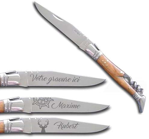 Couteau personnalisé avec Tire Bouchon - Couteau laguiole avec gravure pour prénom, message, date, etc… [ Couteau personnalisé homme ] (Laguiole)