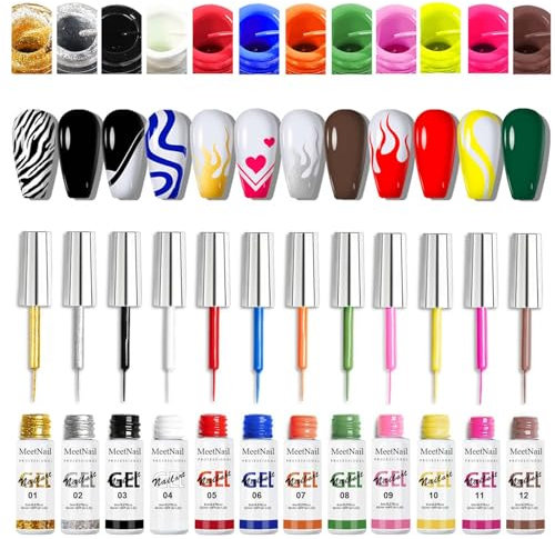 Gel Liner Nail Art Kit - 12 Color Polish for French Manicure and Painted Design - Built-In Thin Brush for Swirl Draw