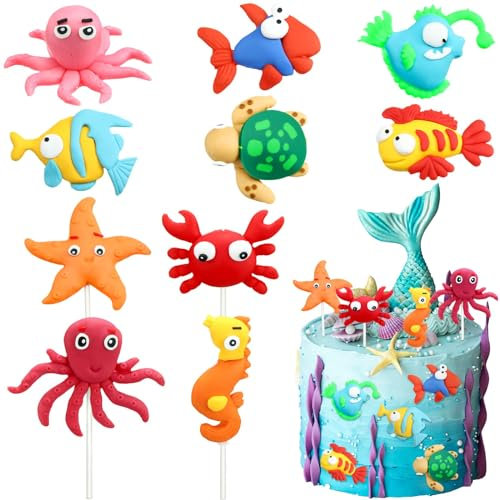Sea Tortendeko 10 Stück Meerestiere Kuchen Deko 3D Cake Topper Figure für Kinder Geburtstag, Baby Shower, Thema Party Dekorieren