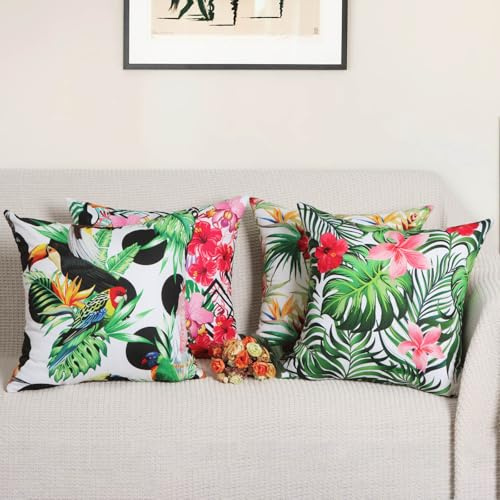 Betadistor Green Cushion Covers Set of 4, 45 x 45 cm, Tropical Leaf & Birds Modern Art Decorative Throw Pillow Covers Pillowcases for Sofa Garden Patio Home Decor, Green, 505-0090