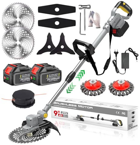 Akku Rasentrimmer mit Akku und Unkrautbürste 4 In 1 Akku Freischneider mit Unkrautbürste mit 5 Klingentypen und 2X4.0Ah Akku Bürstenloser Freischneider, Elektro Motorsense, 90° Drehkopf, Grey