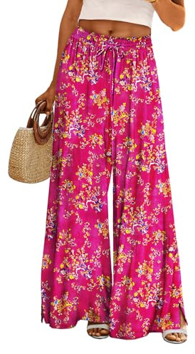 YESNO Wide Leg Trousers for Women Elastic High Waist Floral Casual Cotton Trousers Summer Boho Palazzo Lounge Pants S PP0UK CR026
