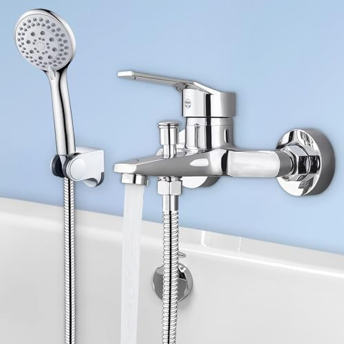 Badewannenarmatur mit Handbrause, Wasserhahn Badewanne Klassisch Badewannen Amaturen mit 1.5m Schlauch Wandhalterung Chrom Wannenarmatur mit 3 Funktionen, Mischbatterie Dusche Duscharmatur für Bad