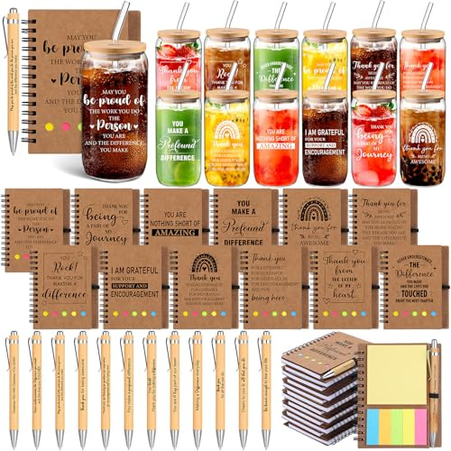 Skylety 12 Set Team Employee Appreciation Gifts Bulk Thank You Tumblers with Lid Inspirational Spiral Notebooks Sticky Pens for Staff Coworker Teacher Nurse Boss