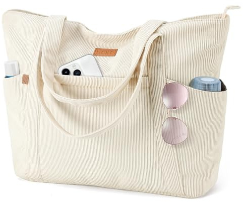 Lekespring Cord Tasche Damen, Groß Tote Bag Strandtasche mit Reißverschluss, Shopper Tasche Damen Laptoptasche mit 15.6 Zoll Laptopfach, Elegant Handtasche Umhängetasche für Arbeit Schule Gym-Beige