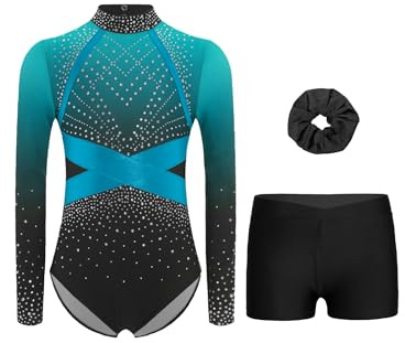 Miutii Flicka gymnastikdräkt glitter, gymnastikdräkt långärmad balettdräkt med korta byxor, hårband gymnastik, leotard, skridskoåkning, danskostym, Ljusblå, 158-164