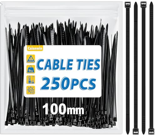 Caianwin 250 Stück Kabelbinder 2,5 mm x 100 mm, Zugfestigkeit Bis Zu 8 KG, Nylon Kabelbinder Schwarz für Industrie, Gartenbau, Kabelindustrie