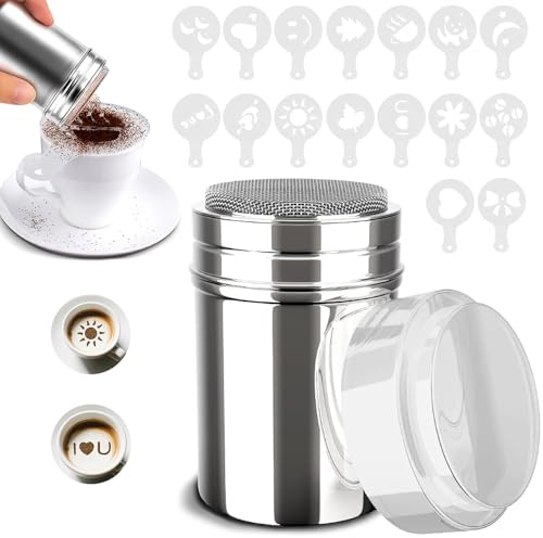 Spargi Zucchero a Velo,Spargizucchero in Acciaio Inox con Coperchio,Shaker per Cioccolatini con 16 Stampi Spargi Cacao in Polvere Shakers Setacci per Cappuccino e Caffè