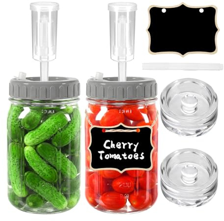 Alitree 2 stycken fermenteringsglas, 1 l bred mun fermenteringsglas, fermenteringsglas med luftlås och vikt, transparent med lock, fermenteringsglas för surkål, kimchi, gurkor och mycket mer och