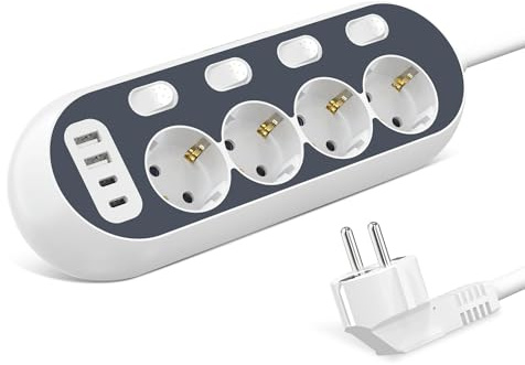 HITRENDS Ciabatta elettrica da tavolo con USB C, commutabile singolarmente, 4 prese multiple con interruttore, protezione da sovratensione con cavo da 2 m, per casa, ufficio, grigio
