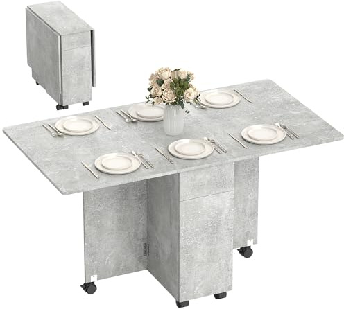HOMCOM Tavolo da Pranzo Pieghevole, Tavolo Cucina a Ribalta con Ruote a Freno per 6 Persone, Scrivania Richiudibile con 2 Cassetti, 2 Ante e Armadietto, per Soggiorno, 140x76x74A cm, Grigio Cemento