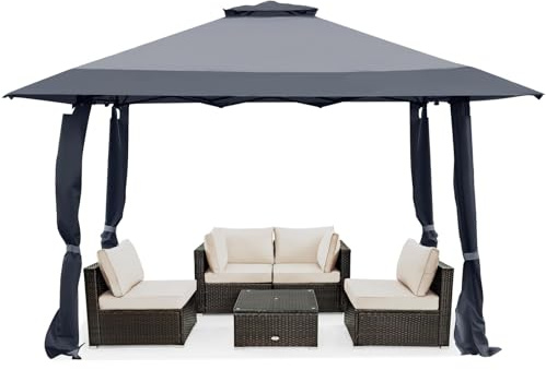 COSTWAY Paviljong 4 x 4 m, vikbar paviljong med dubbeltak, trädgårdspaviljong vattentät stabil vintersäker, UV-skydd 50+, trädgårdstält med bärväska på hjul, för terrass, trädgård (grå)