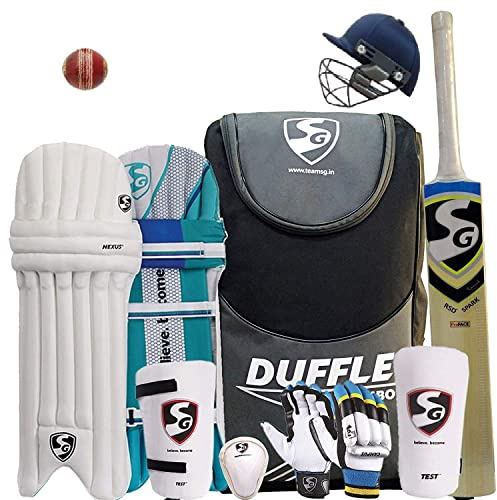 SG Juego de críquet | Bate de críquet + Bolsa + Casco + Guantes de bateo + Pelota | Juego Completo de Equipo de críquet para Adultos | Color: Multicolor | Juego Completo de críquet económico