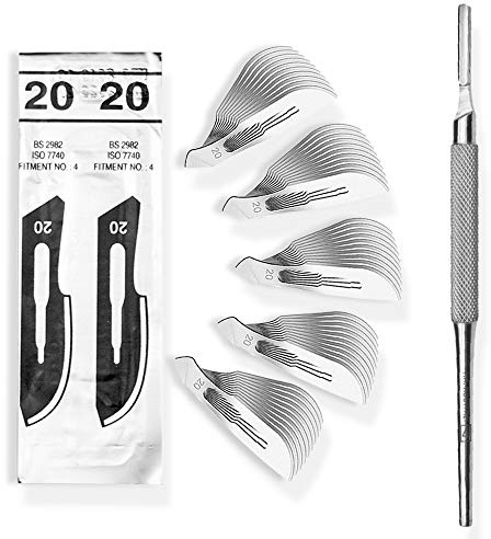 Set avec 50 x lames de scalpel N° 20 - Lame stérile en acier au carbone et 1 x May - manche de scalpel Figure N° 4 avec manche rond en acier inoxydable
