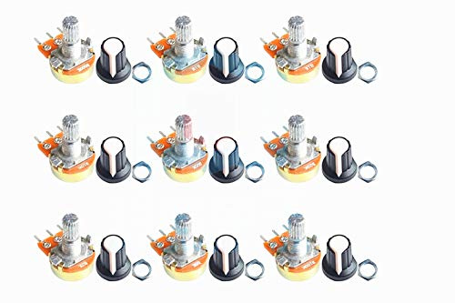 NOYITO B1K B2K B5K B10K B20K B50K B100K B500K B1M Ohm Knurled Shaft Linear Rotary Taper Potentiometer with Cap Kit (Pack of 9)