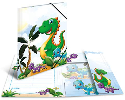 HERMA Sammelmappe A4 Dino, Eckspanner-Mappe aus Pappe mit Kindergarten Dinosaurier Motiv, Gummizug, Innenklappen und Innendruck für Jungen, Mädchen und Kinder