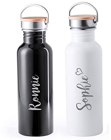 eBuyGB Personalised Water Bottle Reusable Stainless Steel Leakproof 800ml Mrs Hinch Inspired Drinks Flask with Wooden Lid & Vintage Carry Handle (Blue)
