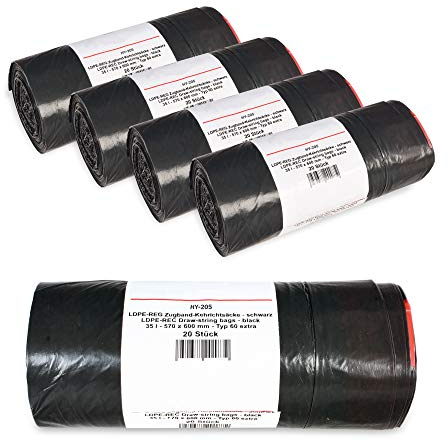 Hypafol Müllbeutel Typ 60 mit Zugband 35l I Abfallsack für Haushalt, Garten & Industrie I Besonders stabil & reißfest I schwarze Schwerlast Müllsäcke aus hochwertigem Material I 100 St.