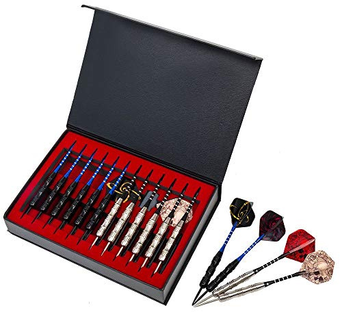 POFET - Set di 12 freccette con punta in acciaio da 22 g, con fusto in ferro antiscivolo, in alluminio e 4 alette in stile con confezione regalo