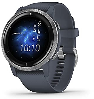 Garmin Venu 2, GPS Smartwatch with Advanced Health Monitoring and Fitness Features, Silver Bezel with GraniteBlue Case and Silicone Band (Renewed)