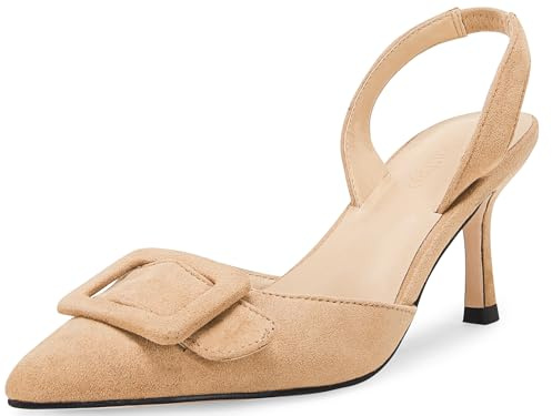 Coutgo Womens Slingback Heels Kitten Heel Pumps Dress Shoes Sling Back Closed Pointed Toe Suede Wedding Party Sandals