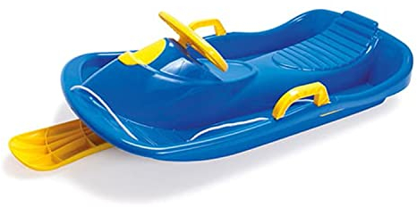 Dantoy - Lenkschlitten für Kinder ab 3 Jahren - Blau und Gelb - Mit Lenkrad und Bremsen und Seil mit Griff - Kinderschlitten für den Wintersport - Der Schlitten Wird in Dänemark hergestellt.