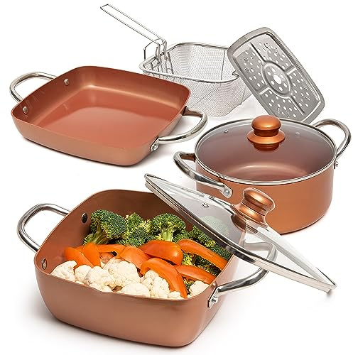 Moss & Stone 7 Pcs Copper Chef Cookware Non Stick Deep Frying Pan 9.5 x 3.5, Fry Basket, Dishwasher & Oven Safe, 5 Qt Deep Square Pot, Non Stick Pan & Round Pot, Induction Copper Cookware Set