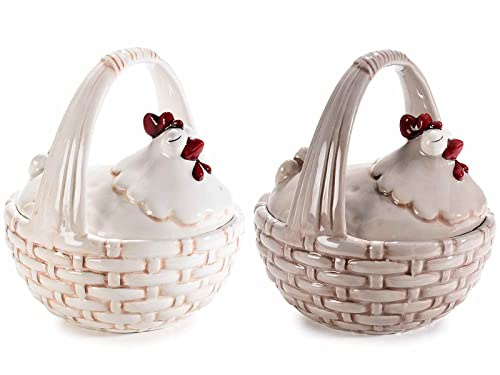 Gruppo Maruccia - Cestini in Ceramica Dipinta a Mano a Forma di Gallina - Barattoli Porta Cioccolatini, Uova, Biscotti - Decorazione per la Cucina - Set da 2