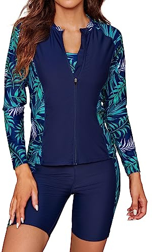 SHEKINI Women's 3 Pieces Long Sleeve Rush Guard Zip Front Athletic Swimsuit Sports Bra with Boyshort Bottoms Tankini Swimwear, Navy Blue+Print, Small