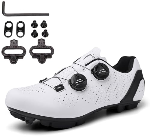 PENXZT Scarpe da Mountain Bike Uomo Scarpe da Ciclismo MTB Donna, compatibili con Pedali Shimano SPD 2-Bolts con Tacchetti, Calzature da Bicicletta,Bianca,45 EU