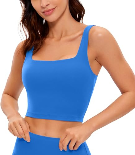 CRZ YOGA Butterluxe Square Neck Crop Tank Tops for Women - Workout Longline Sports Bras Padded Yoga Camisole Sparkle Blue Small