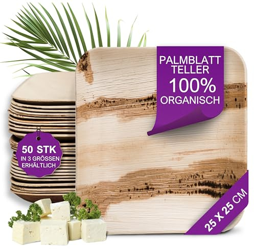 Waipur 50 Platos Desechables de Hoja de Palma Orgánicos - Cuadrado 25x25 cm - Vajilla Ecológica Elegante - Estable, Natural y Compostable - Menaje para Fiestas, Barbacoas y Picnic
