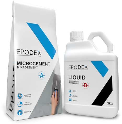 EPODEX Mikrozement Set für Wände | Fugenloser Designputz für Bad, Küche & mehr | Inkl. Spachtelmasse & Harz | Für Beton, Fliesen, Holz, Metall uvm. | Innen & Außen | 7m² (für 2 Anstriche)