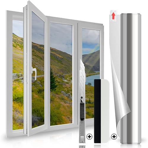 Film Miroir pour Fenetre, 105x200cm Film Fenetre Anti Regard Anti UV Chaleur, Film Miroir sans Tain pour Vitrage avec Raclette, Brise Vue Adhesif pour Bureau Maison Salle de Bain