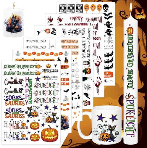 Halloween Kerzentattoo, 6 X DIN A5 Kerzenfolie Halloween(200+ Muster), Kerzentattoo Wassertransferdruck, Kerzentattoo für Kerzen Tasse DIY Geschenk Deko Kerzen für Halloween Party