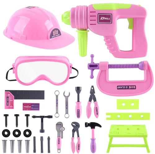 deAO Werkzeugkoffer Kinder, Spielzeug-Werkzeug-Set, 39 Stück Werkzeugset für Kinder, Elektrische Spielzeug Bohrmaschine Schraubendreher Spielzeug ab 3 4 5 6 7 Jahre Jungen Mädchen (Rosa)