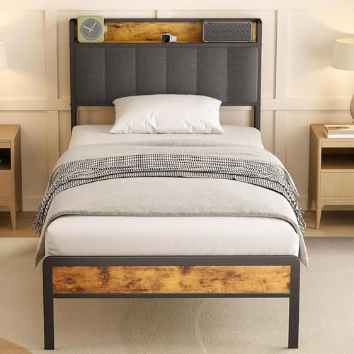 Bealife Letto Imbottito con Rete a Doghe in Legno e Metallo Struttura Letto, con Piattaforma Imbottita Antirumore，Spazio di Archiviazione Sotto al Letto (Grigio Scuro, 90x200cm)