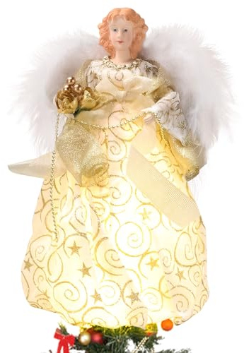 32cm Hoch Engel Baumspitze Weihnachten, Weihnachtsengel als Baumspitze Weihnachtsbaumspitze Engel mit Feder Flügeln, Engel für Christbaumspitze mit Warmgelbe Lichterkette, Ohne Batterien (Gold)