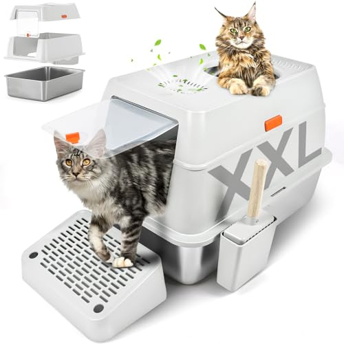 Kalolary Caja de arena para gatos de acero inoxidable con tapa, bandeja de arena de metal extraíble cerrada para gatos grandes con entrada superior, recinto de cara alta, cuchara, antiadherente, fácil
