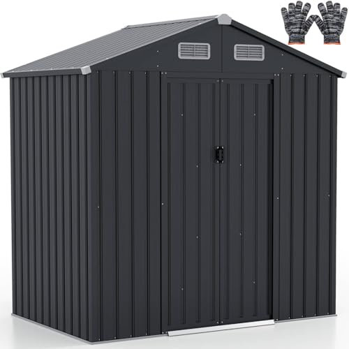 TANGZON 7x4/6x4ft Metal Garden Shed, Outdoor Galvanized Tool Storage House with Glove, Lockable Doors & 4 Vents, Trash Can Bike Tool Toy Utility Gardening Shed Box (Dark Gey, 193x129x197cm)