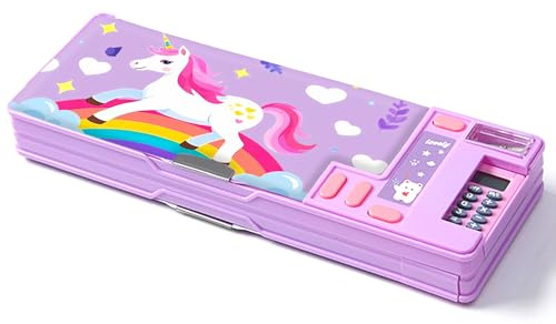 LilyBeauty Pop Up multifunktionellt fodral för flickor och pojkar, söt tecknad penna, pennvässare, schema, skolmaterial för barn PC50, Lila 2, Medium, Tecknad